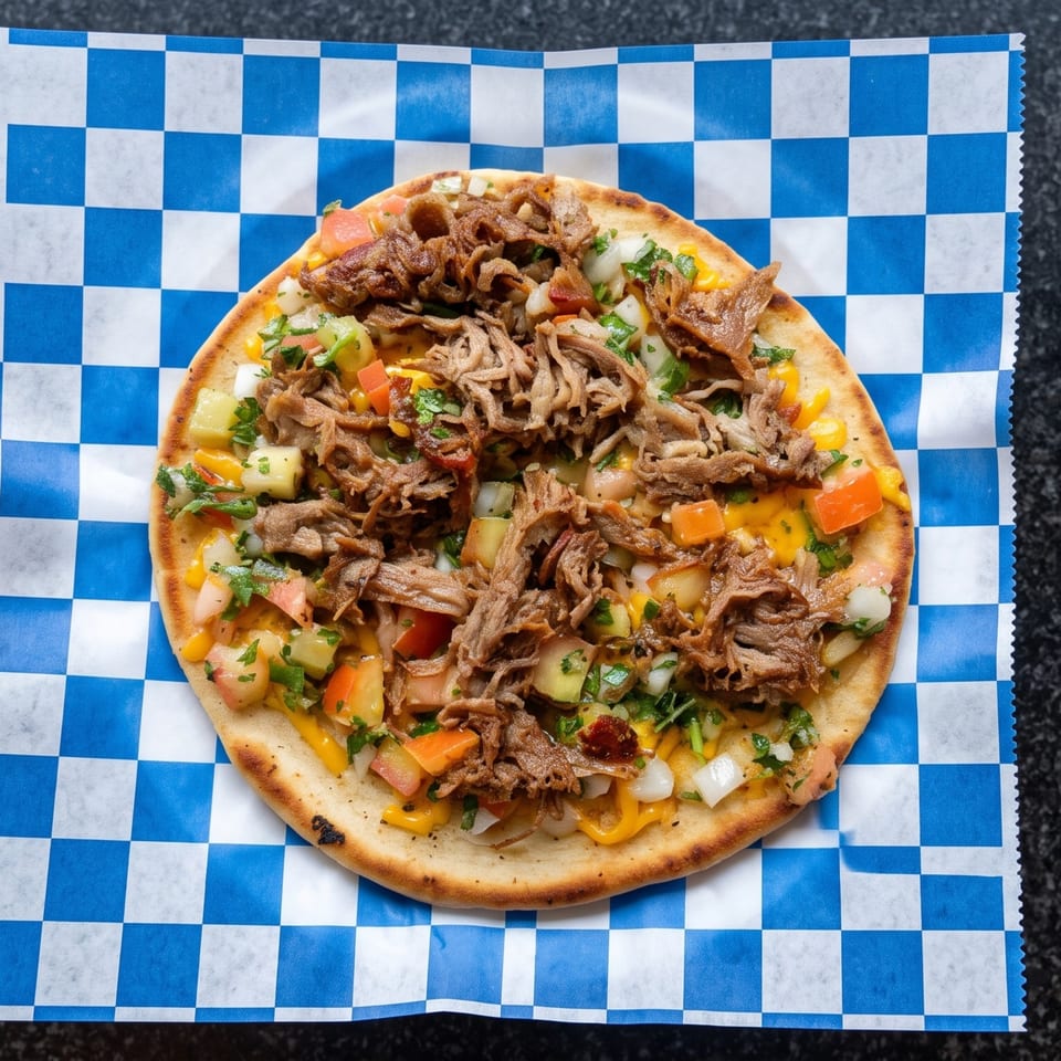 Flatbread topped with shredded meat, diced tomatoes, onions, and cilantro on blue checkered paper.
