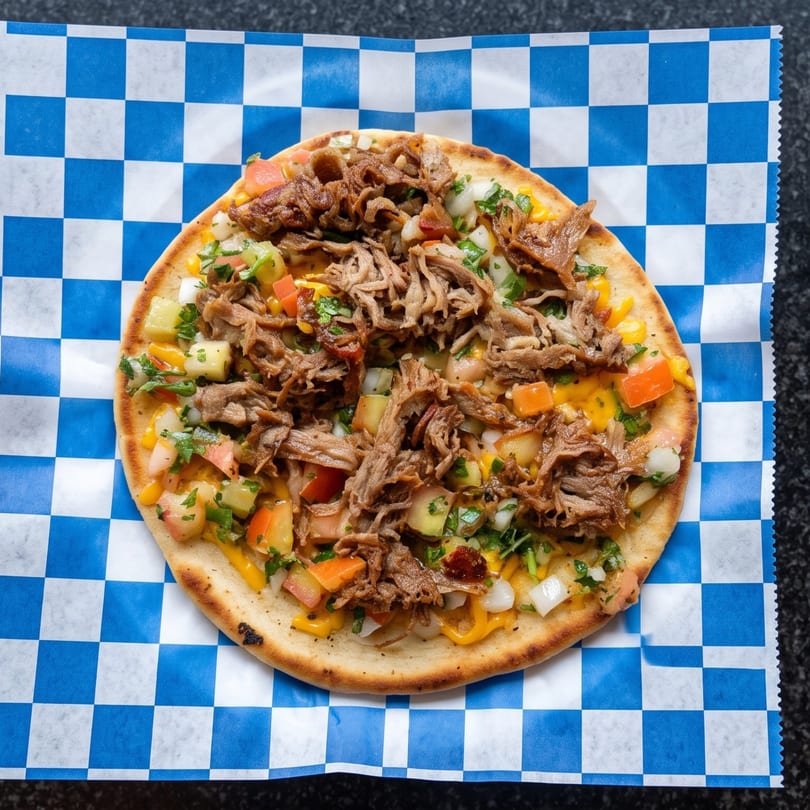 Flatbread topped with shredded meat, diced tomatoes, onions, and cilantro on blue checkered paper.