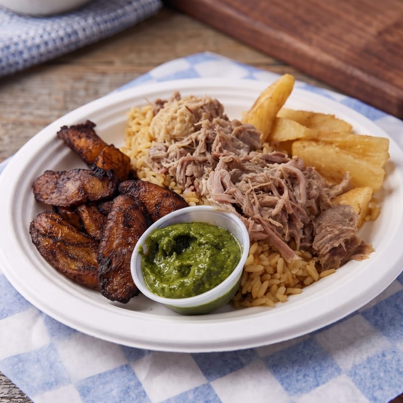 A plate of shredded pork, yellow rice, fried plantains, yuca fries, and green sauce.