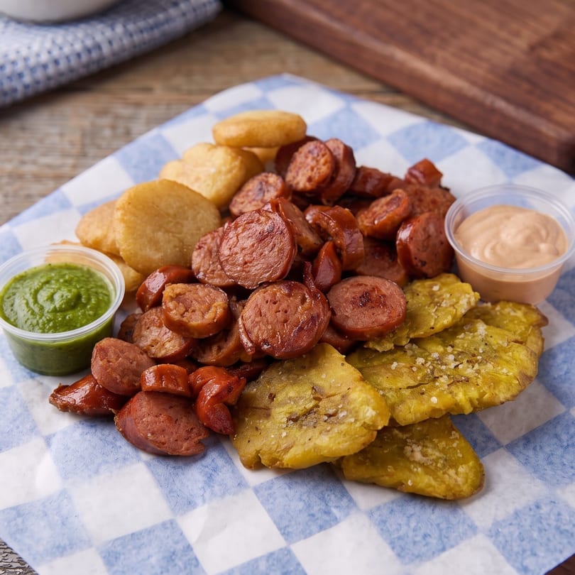 Sliced sausage, fried plantains, and fried dough with green and pink dipping sauces on a checkered paper.