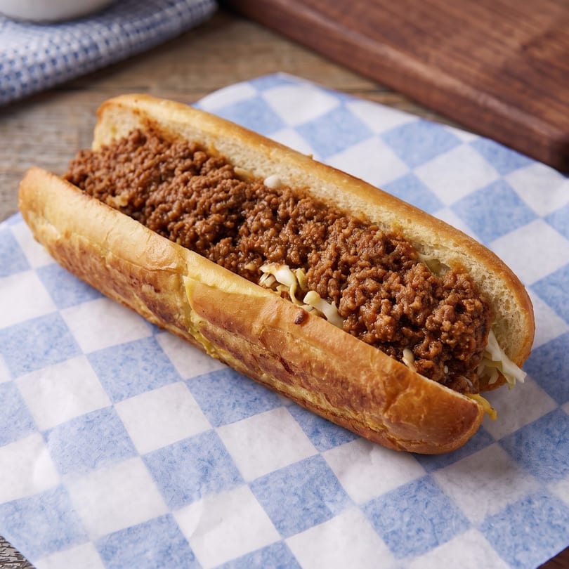 A chili dog with coleslaw on a blue and white checkered paper, on a wooden surface.