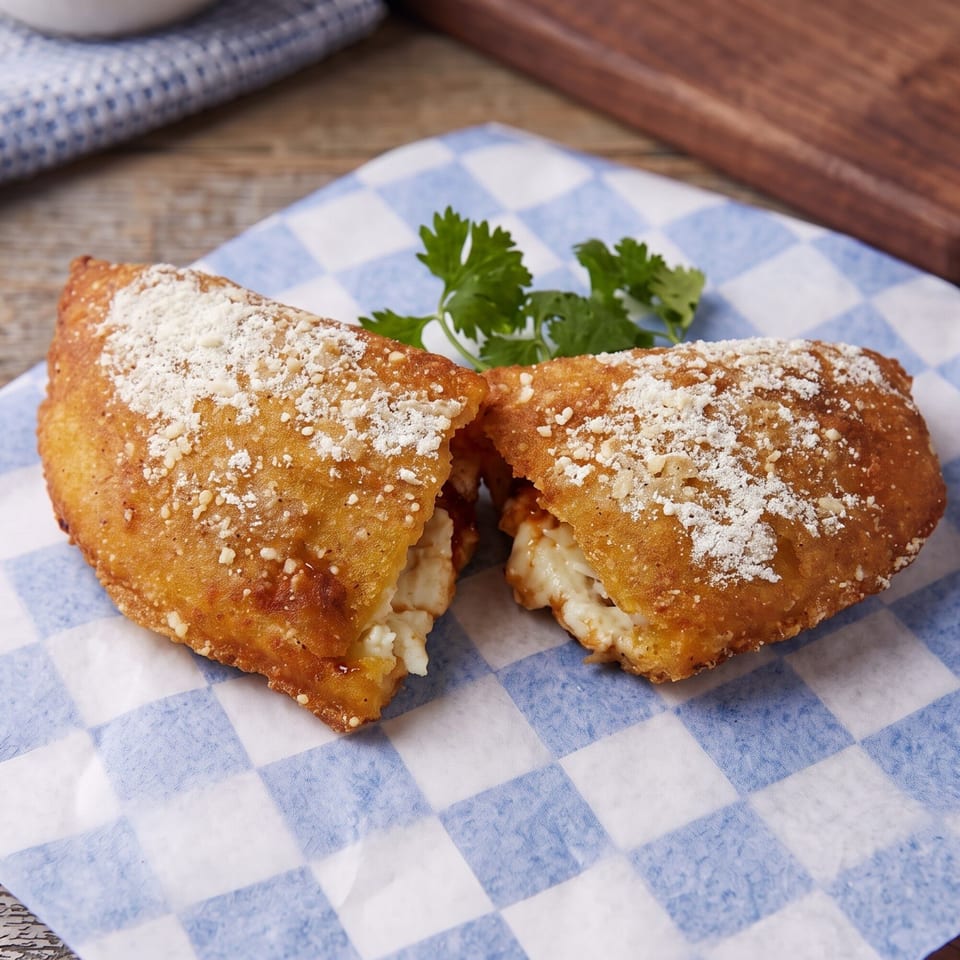 Golden-brown fried calzone, split open to reveal melted cheese and sauce, on blue and white checkered paper.