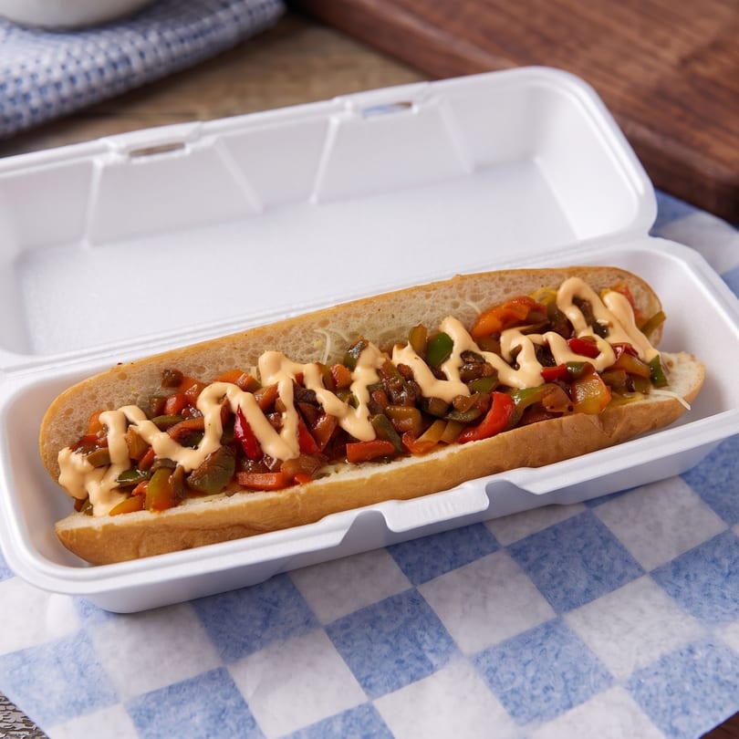A hot dog bun filled with sautéed peppers and onions, drizzled with sauce, in a white takeout container.